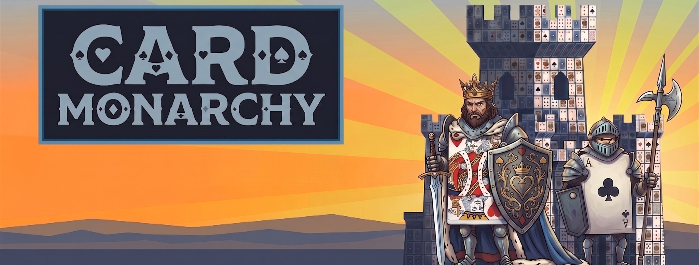 Card Monarchy cover art: a king and a knight in playing-card livery standing before a castle built out of cards.