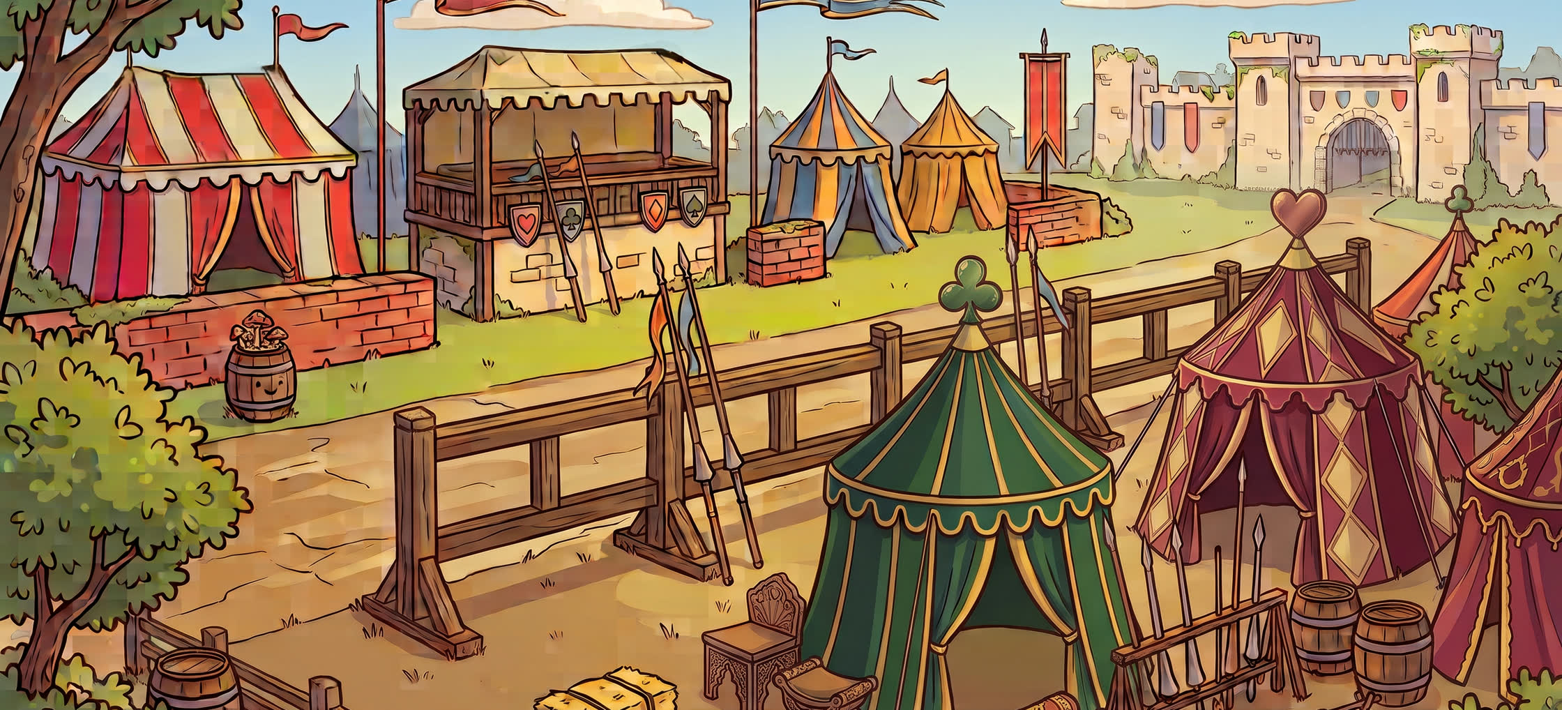 A tournament ground of striped pavilions and pennants behind a wooden tilt barrier, with a castle gatehouse beyond.