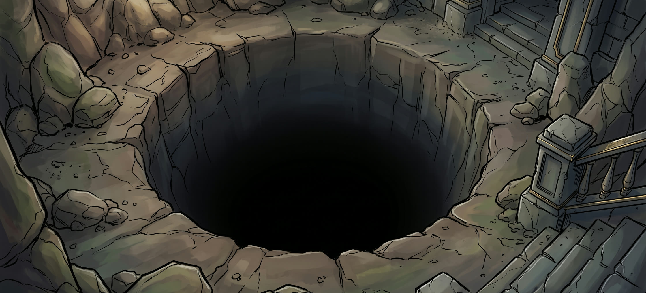 A wide stone shaft in a rocky floor, its mouth ringed with broken masonry, its depth lost in black.