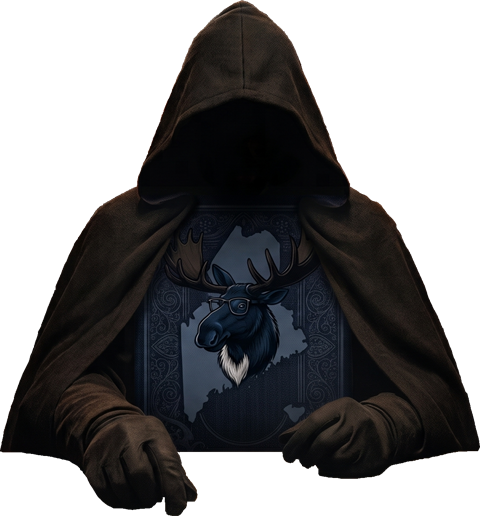 A hooded figure holding his cloak open, revealing a playing card back inside.